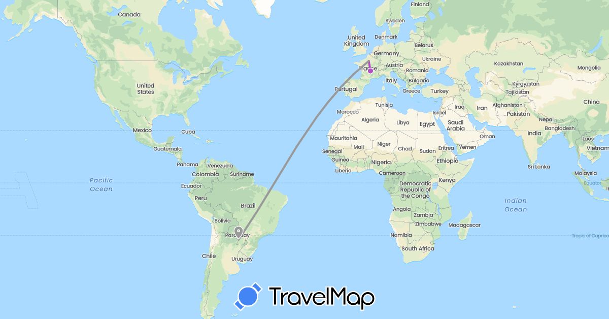 TravelMap itinerary: driving, plane, train in France, Paraguay (Europe, South America)
